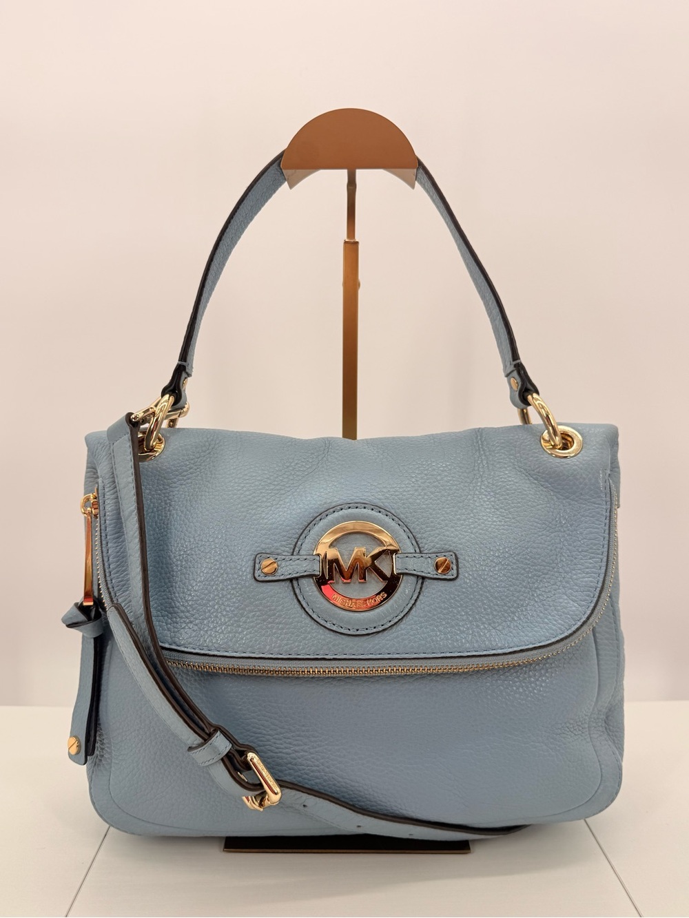 MICHAEL KORS Light Blue Pebbled Leather Satchel Crossbody Gold Hardware